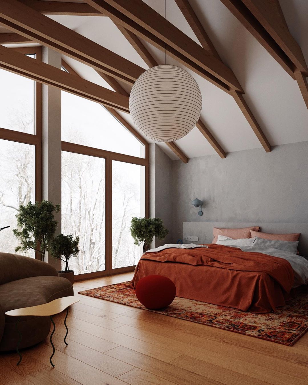Wysoka sypialnia z belkami stropowymi